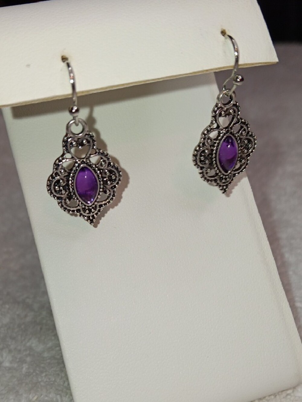 Vintage-Inspired Purple Marquise Drop Earrings in Silver Tone